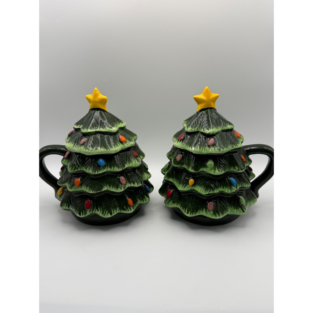 Mr Christmas Tree Mugs with Lids Set of 2 Green Ceramic Holiday Sculpted Cups